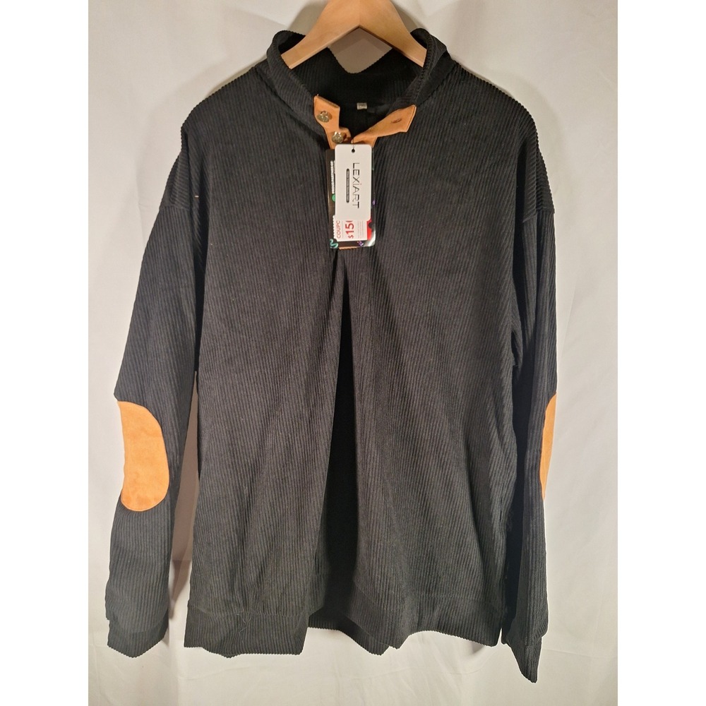 Lexiart Mens Ribbed Knit Pullover Black Quarter Button Elbow Patches 2XL‎ NEW